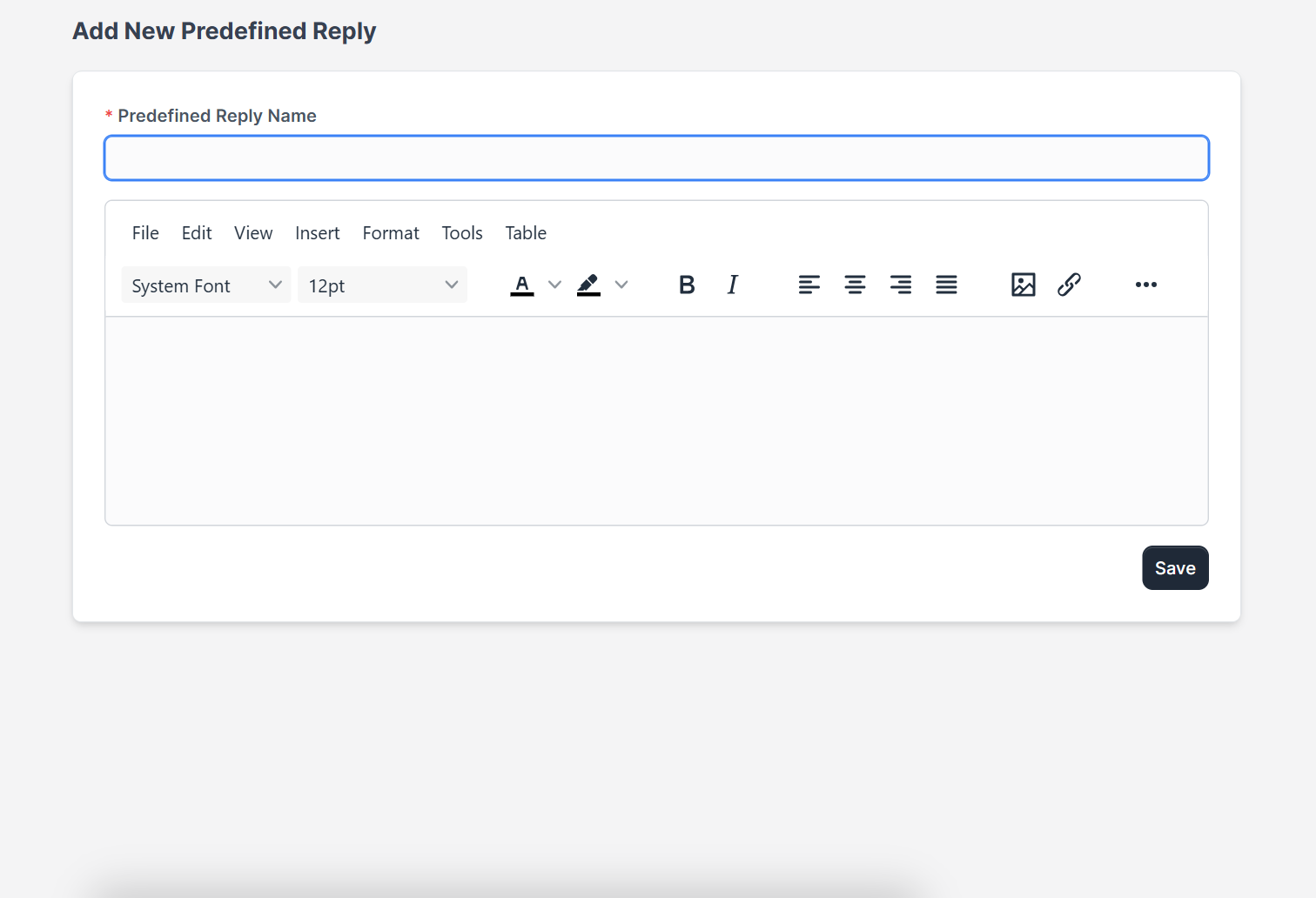 Add New Predefined Reply form in Perfex CRM predefined replies with name and message editor
