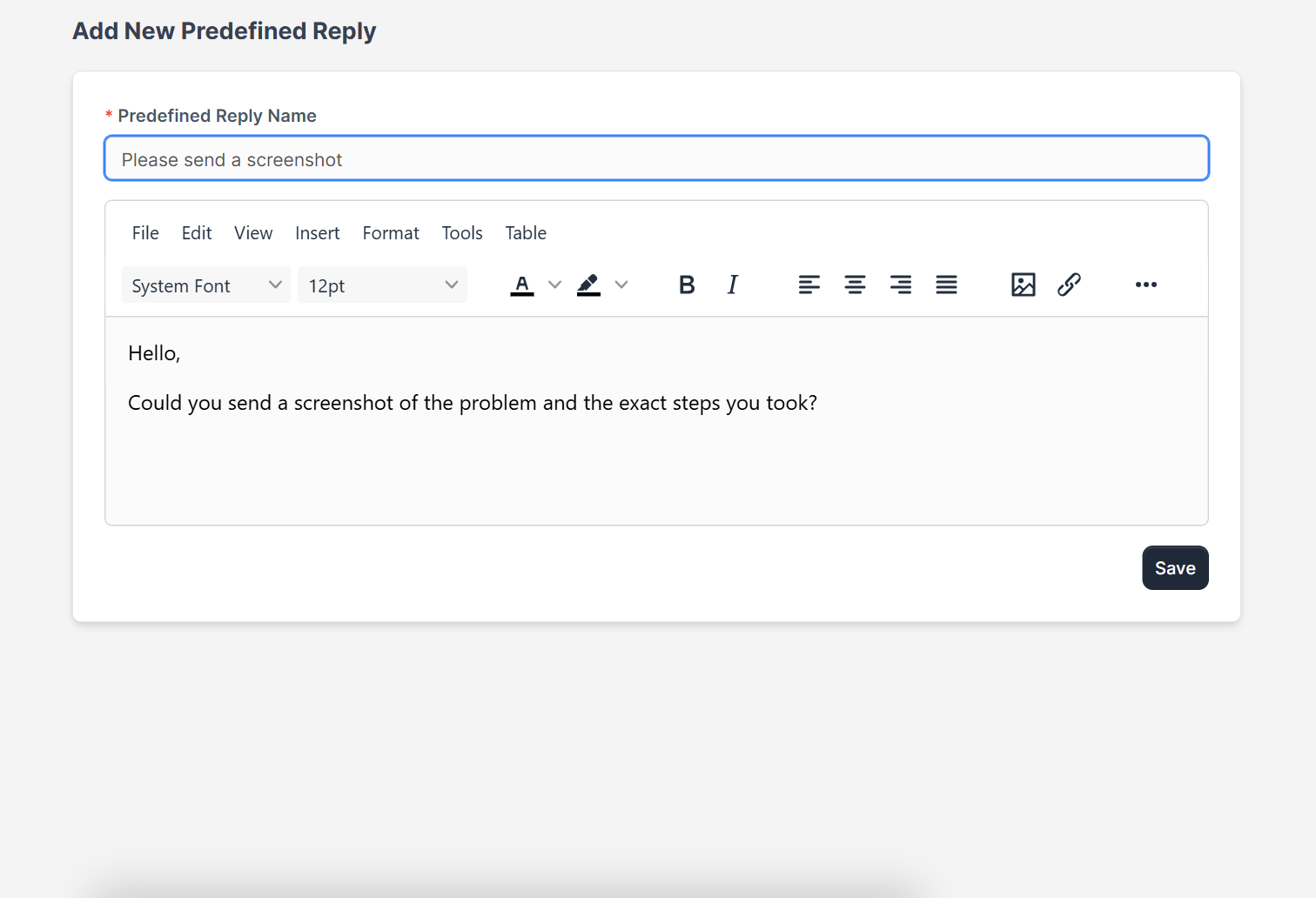 Message of a Perfex CRM predefined reply asking the customer for a screenshot