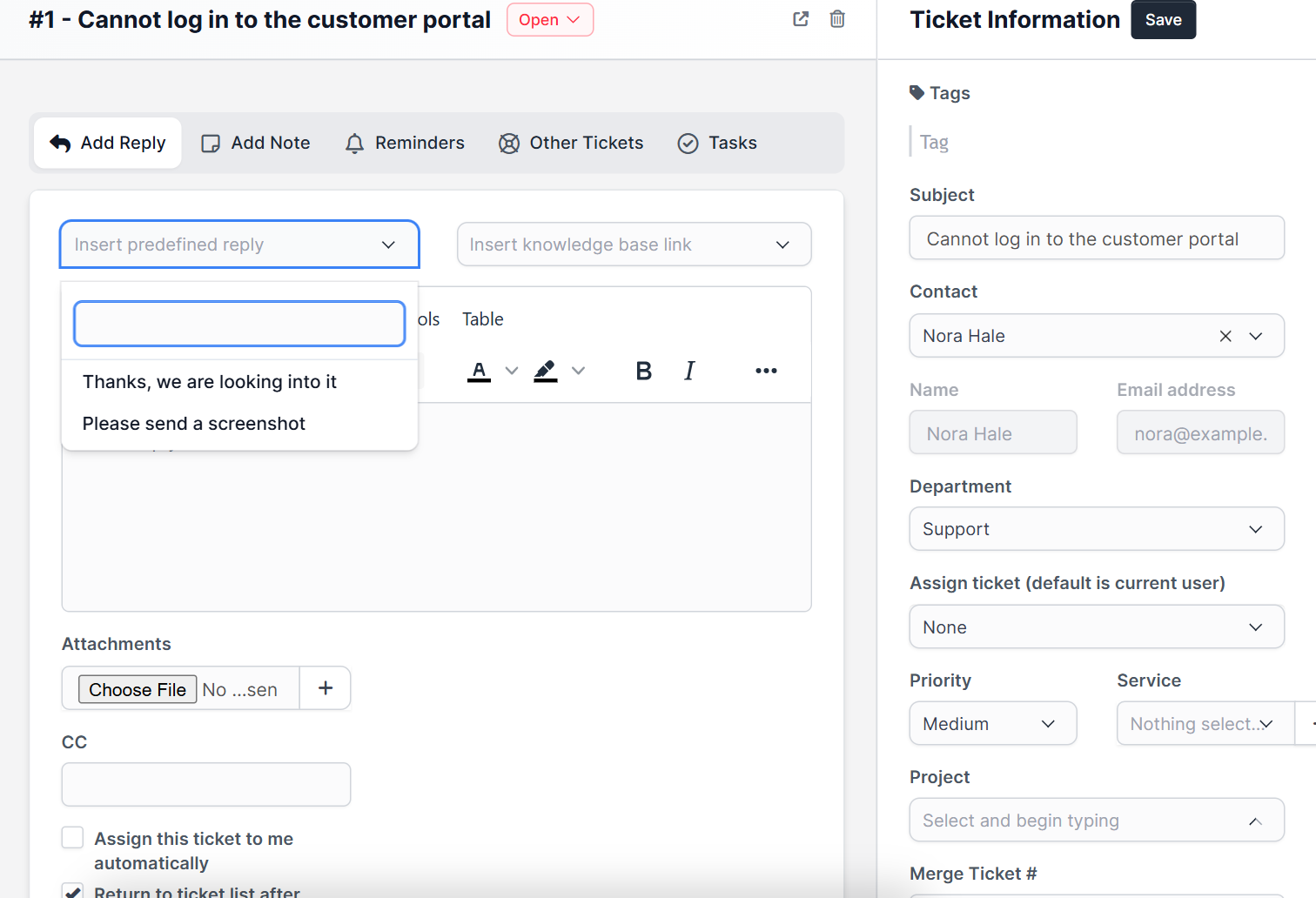Insert predefined reply list in a Perfex CRM ticket showing the canned responses