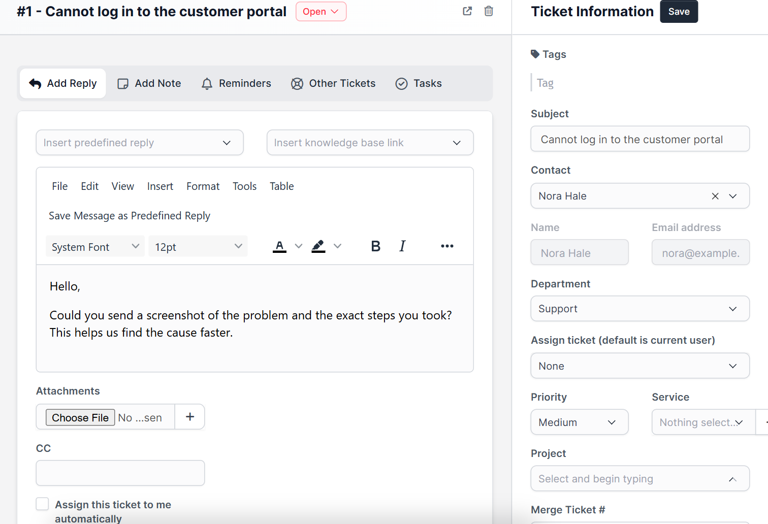 Reply area of a ticket where Perfex CRM predefined replies are added