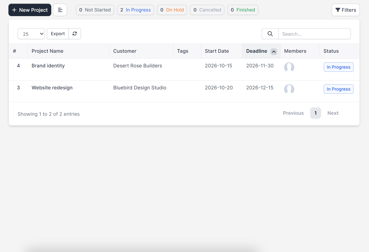 Perfex CRM projects list with customer, deadline, members and status