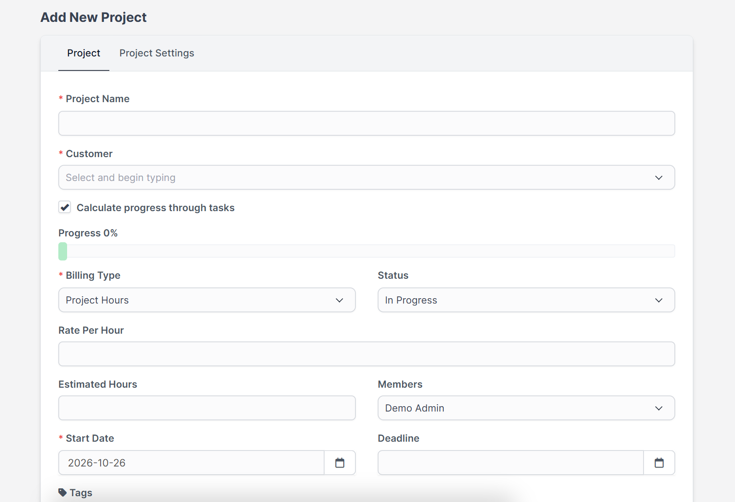 New project form for Perfex CRM projects with customer and billing type