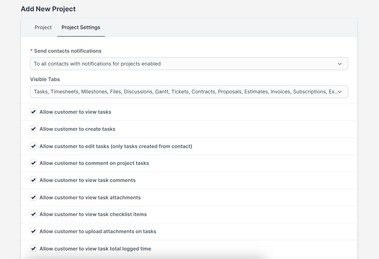 Project settings for what the customer sees in Perfex CRM projects