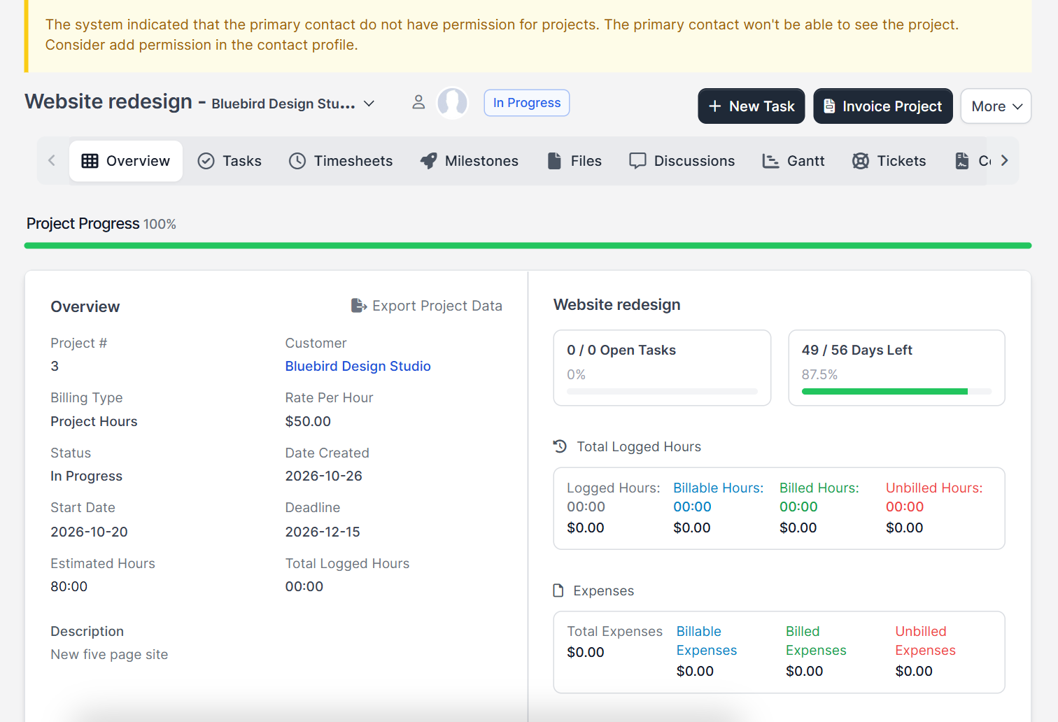 Project overview page in Perfex CRM projects