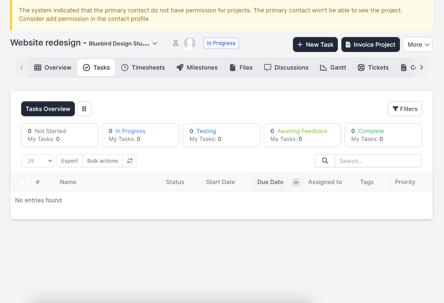 Project tasks tab in Perfex CRM projects