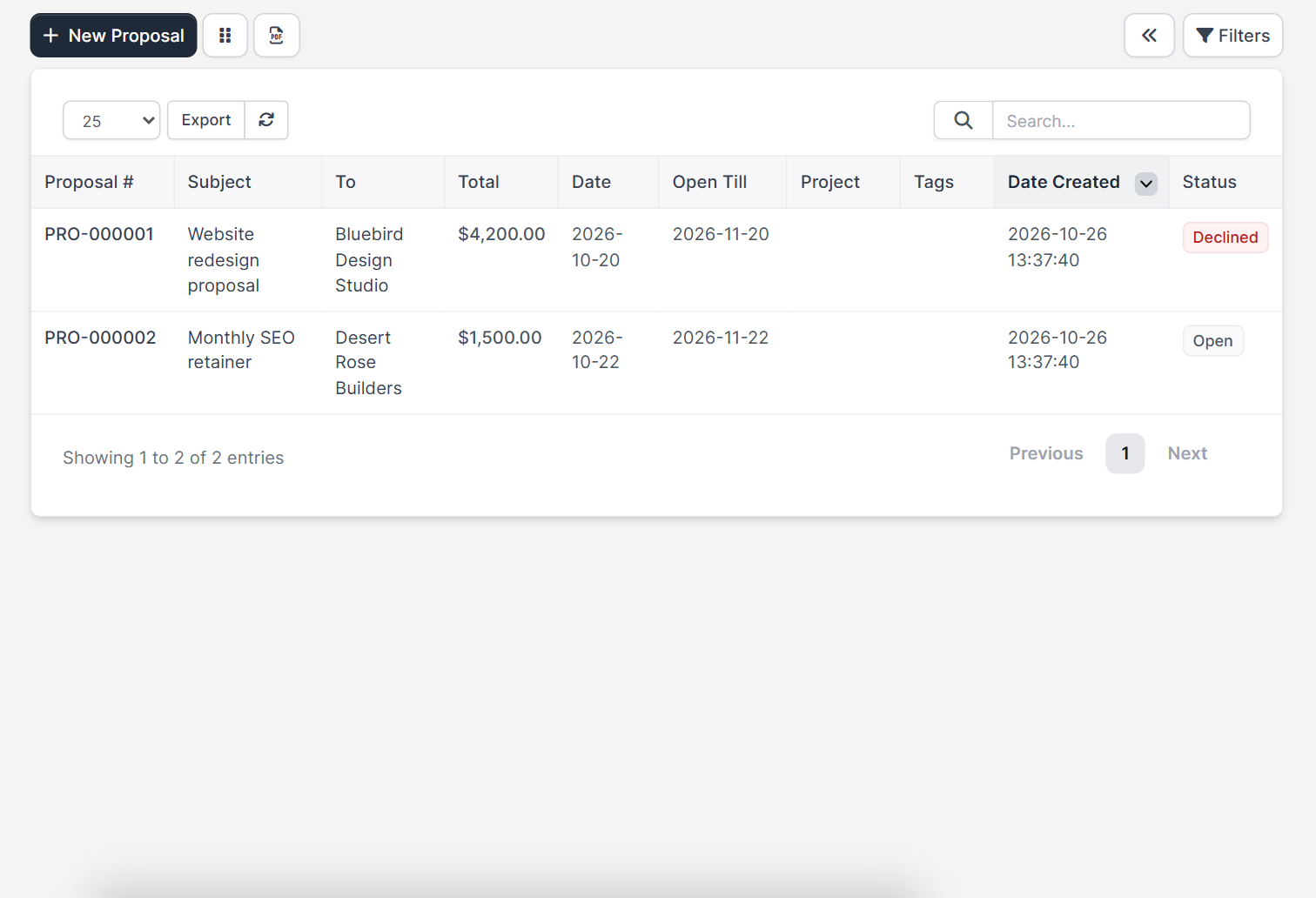 Perfex CRM proposals list with number, subject, total and status