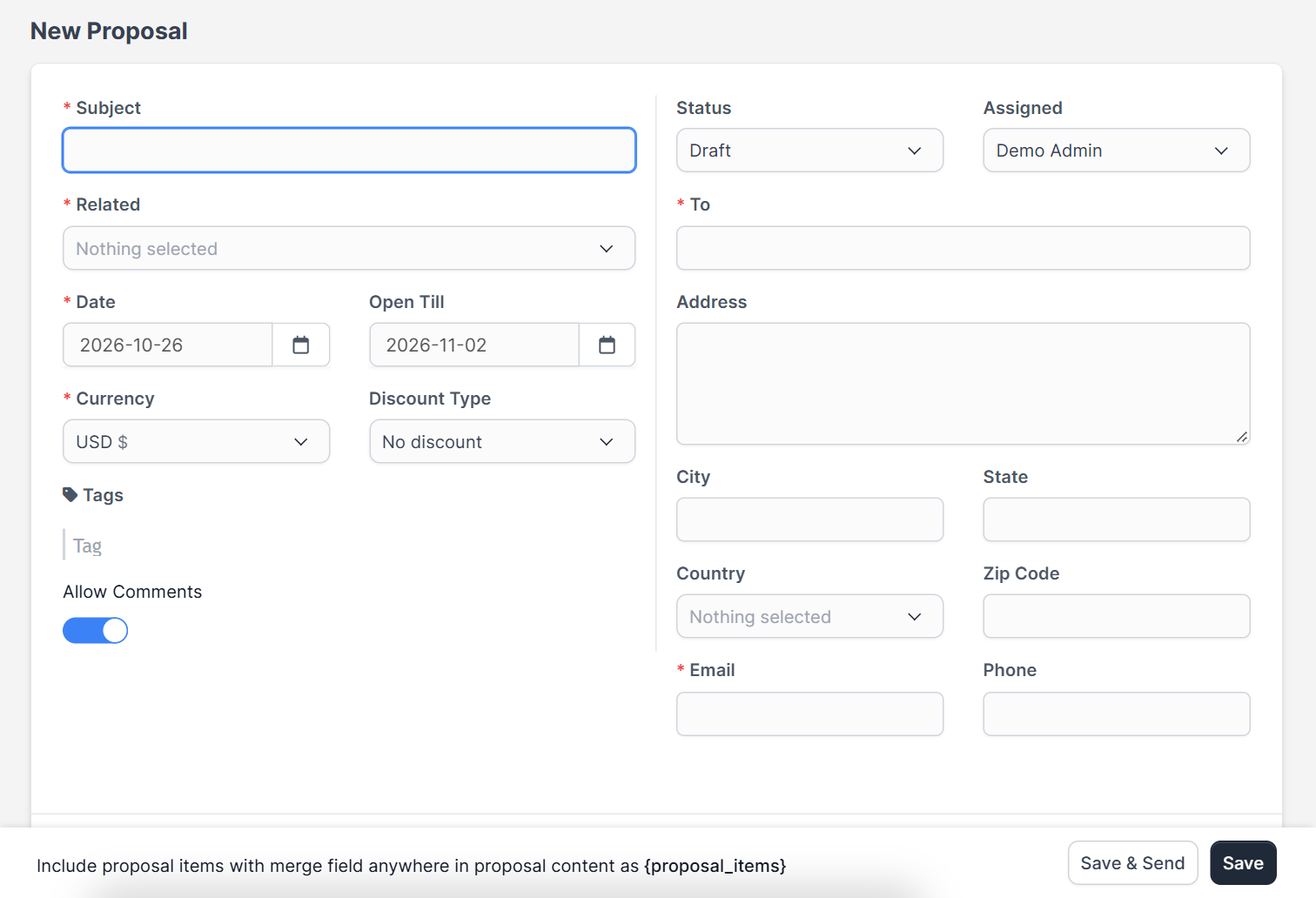 New Proposal form for Perfex CRM proposals with related lead or customer