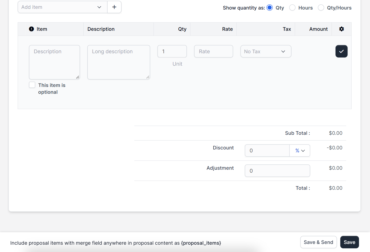 Proposal items table in Perfex CRM proposals