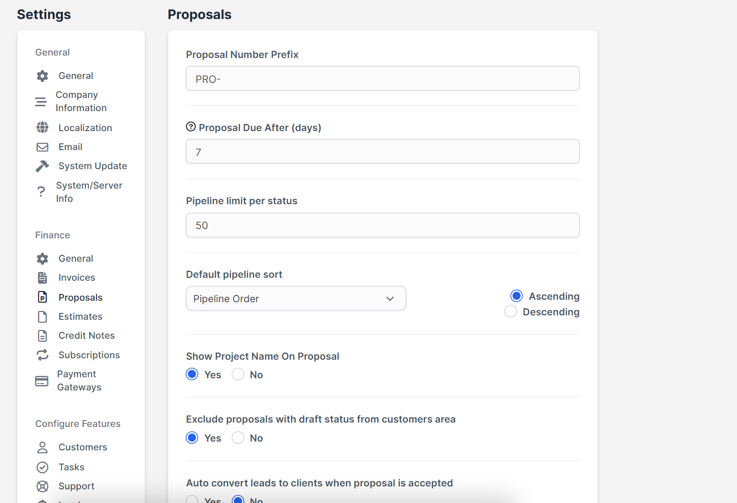 Proposal settings: number prefix and auto convert options for Perfex CRM proposals