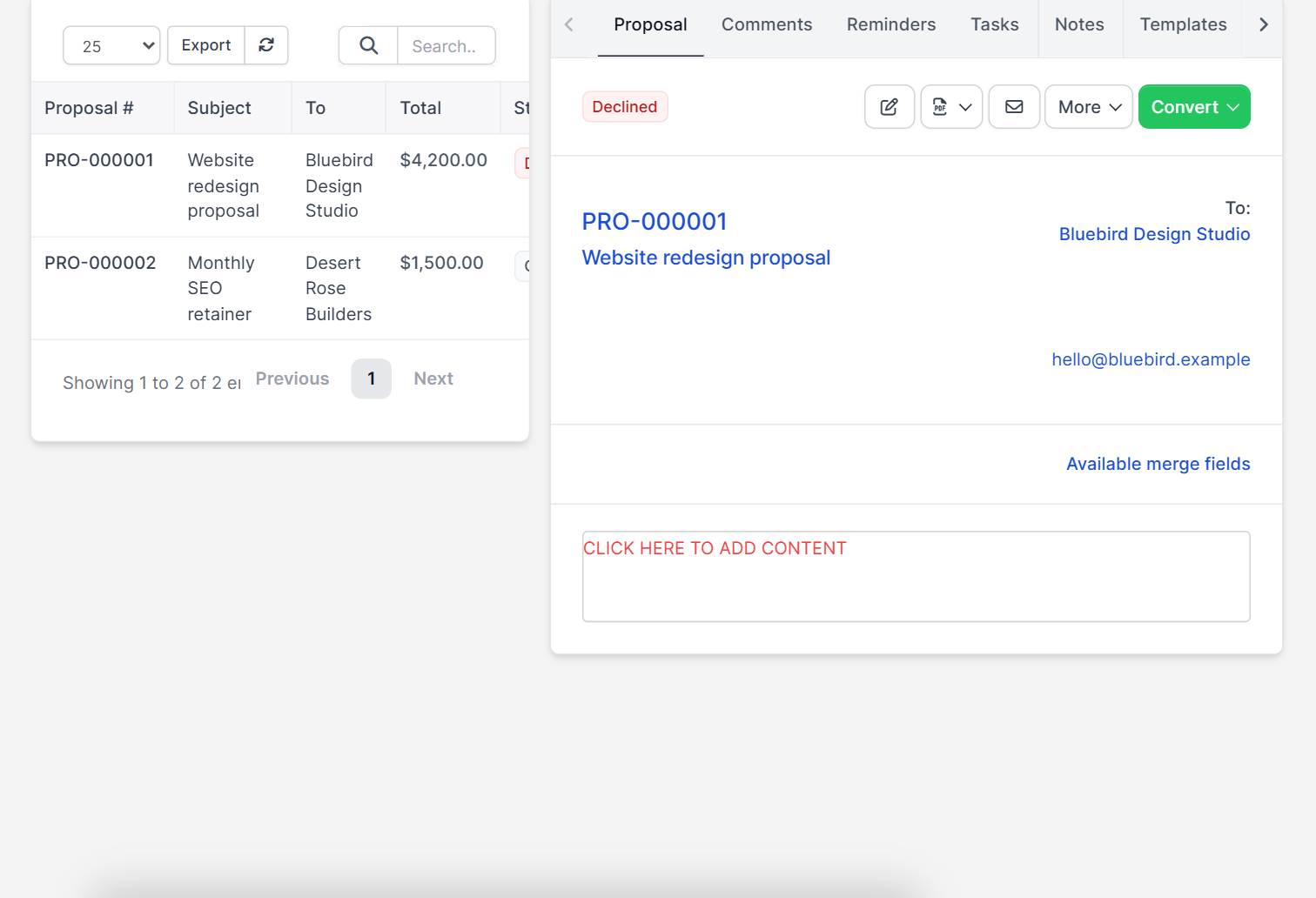 Saved proposal view in Perfex CRM proposals