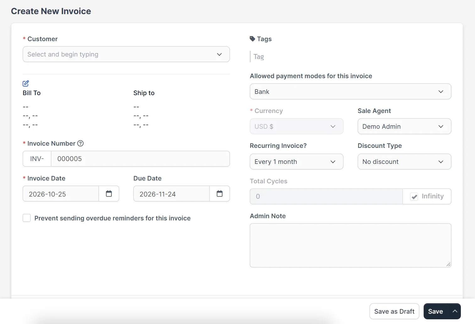 Perfex CRM recurring invoices option on the new invoice form set to every 1 month