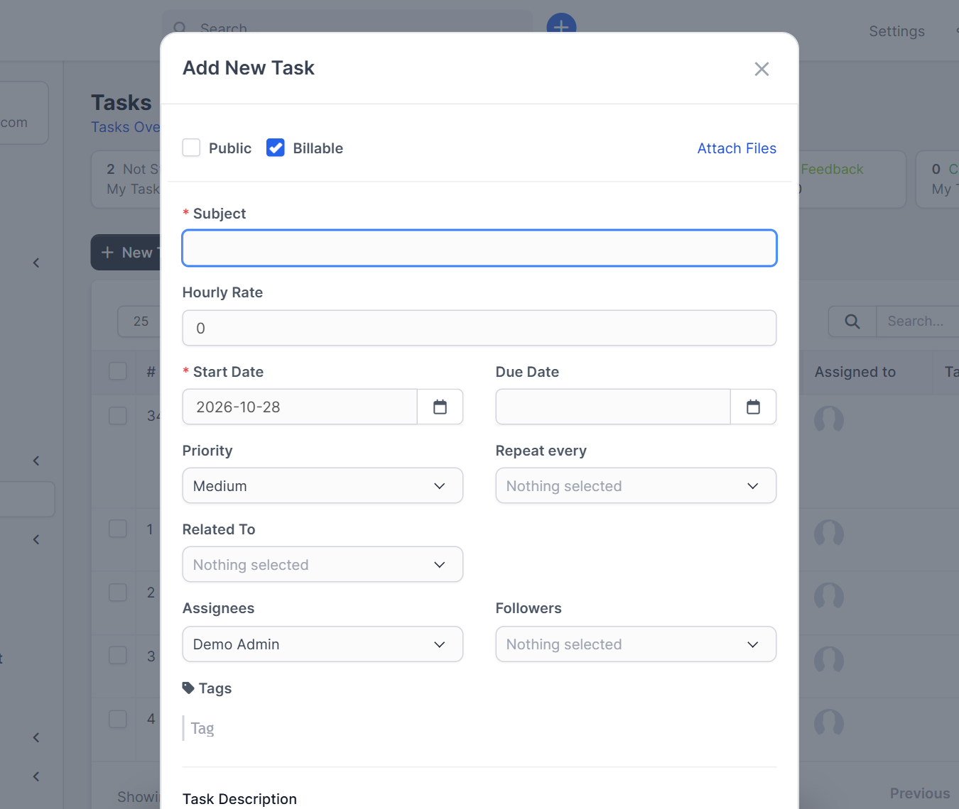 New task form where you start Perfex CRM recurring tasks with subject, dates and priority