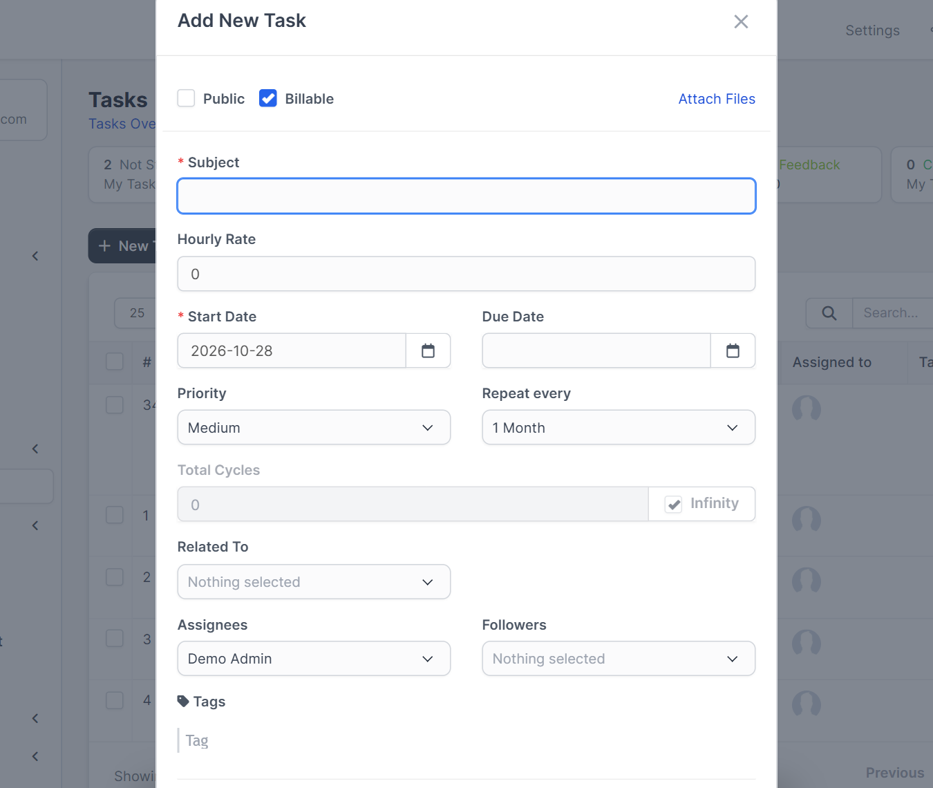 Repeat every field selected for Perfex CRM recurring tasks with a 1 Month period