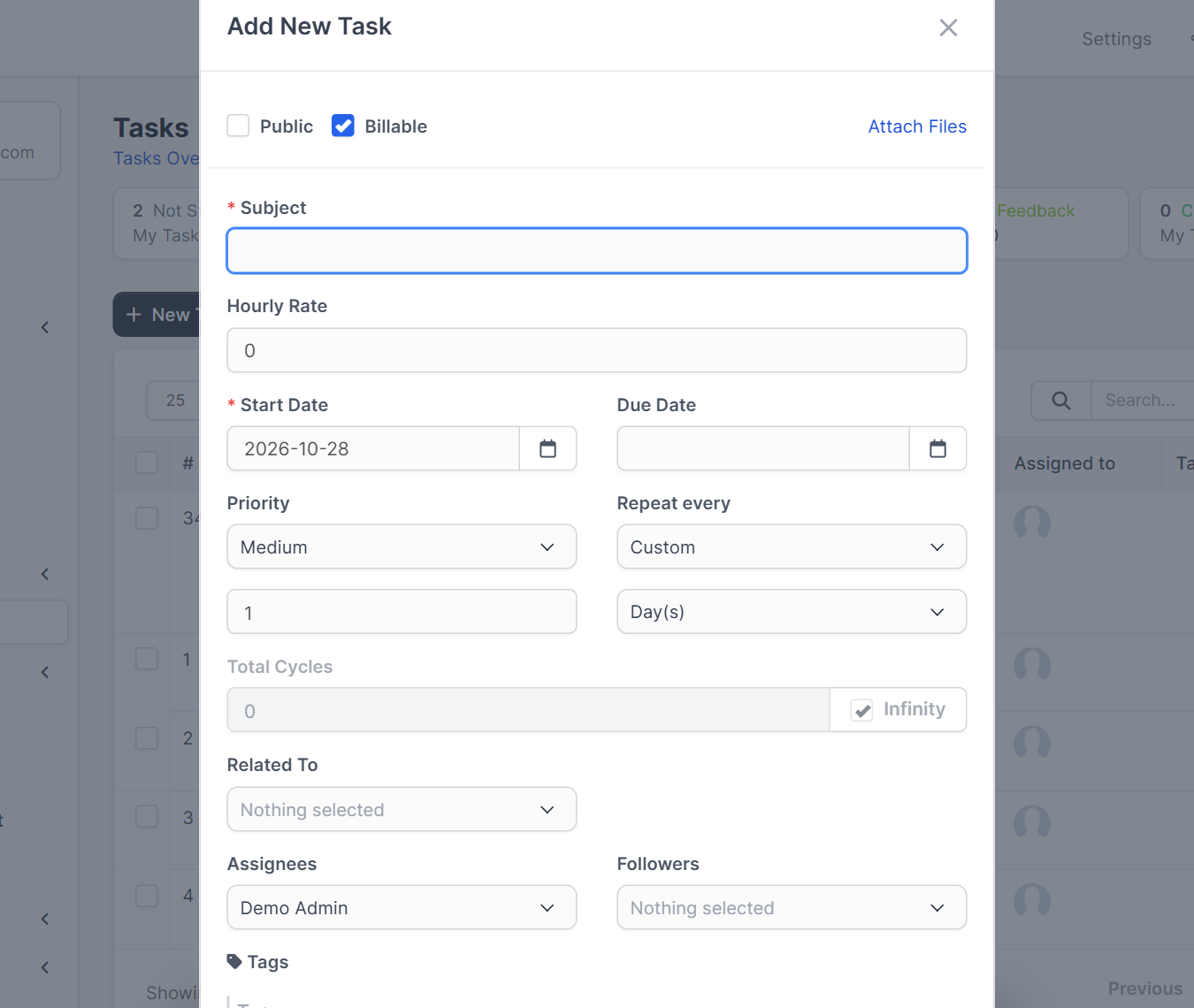 Custom repeat settings and total cycles for Perfex CRM recurring tasks