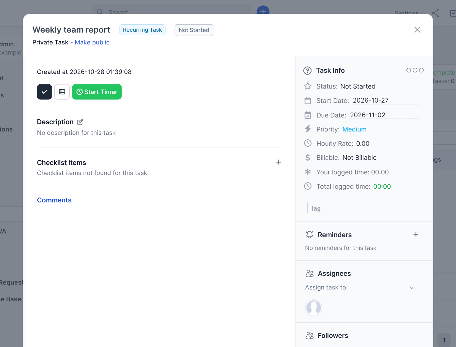 Task window of a weekly report showing the Recurring Task label in Perfex CRM recurring tasks
