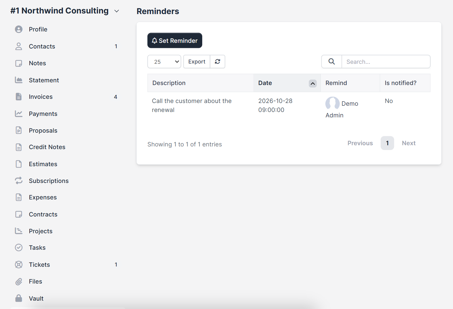 Reminders tab of a customer in Perfex CRM reminders with the Set Reminder button
