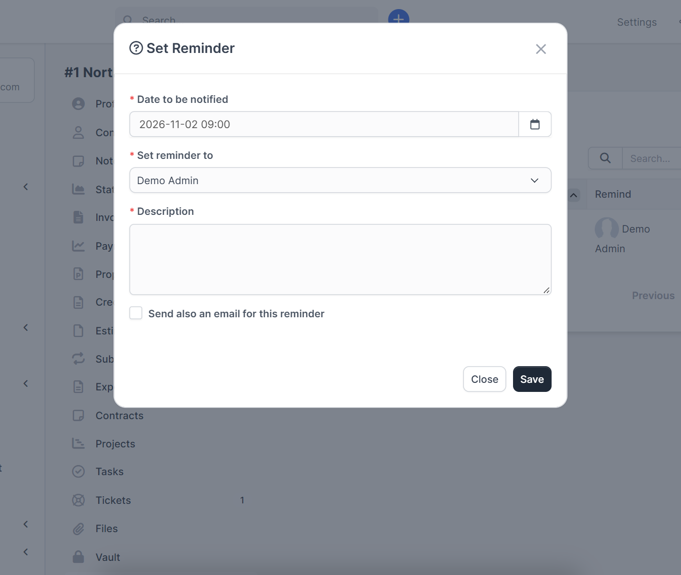 Set Reminder window for Perfex CRM reminders with date, staff member and description