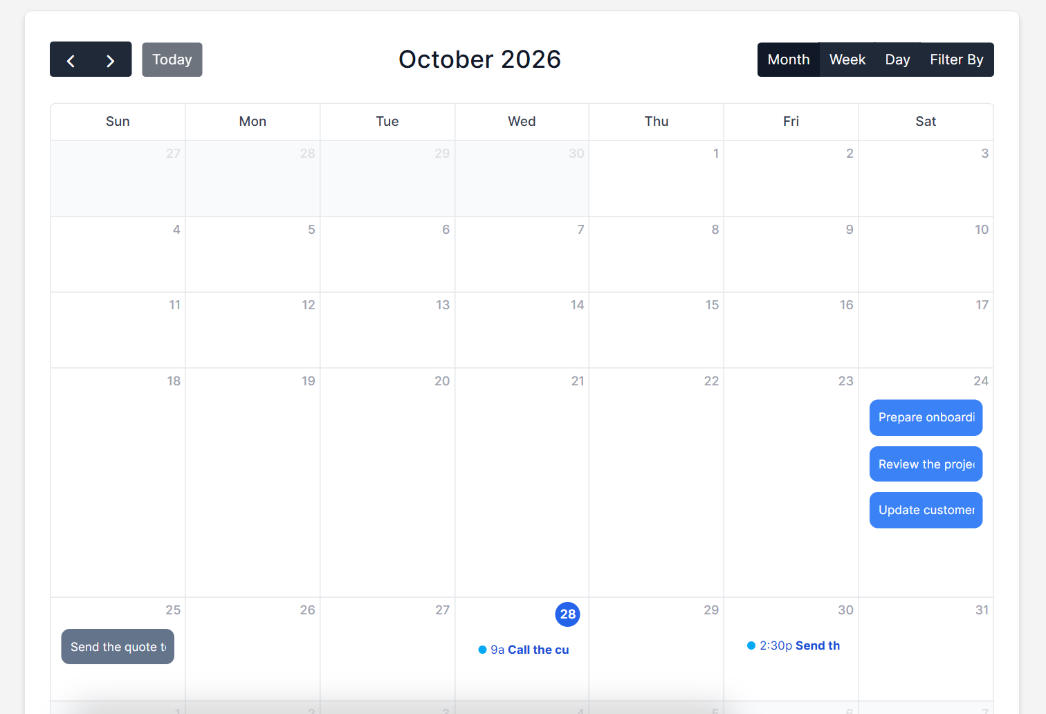 Calendar showing Perfex CRM reminders with time and description