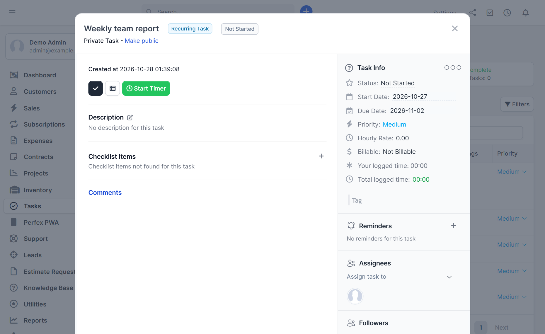 Task window with the Reminders section where you add a Perfex CRM task reminder