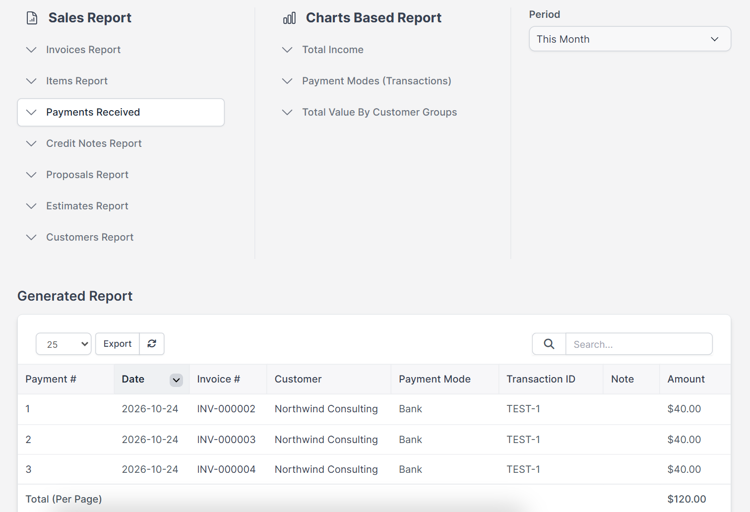 Sales report page with year and period filters in Perfex CRM reports