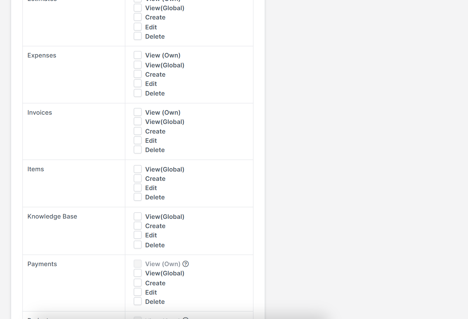 Capabilities table with view, create, edit and delete in Perfex CRM roles and permissions