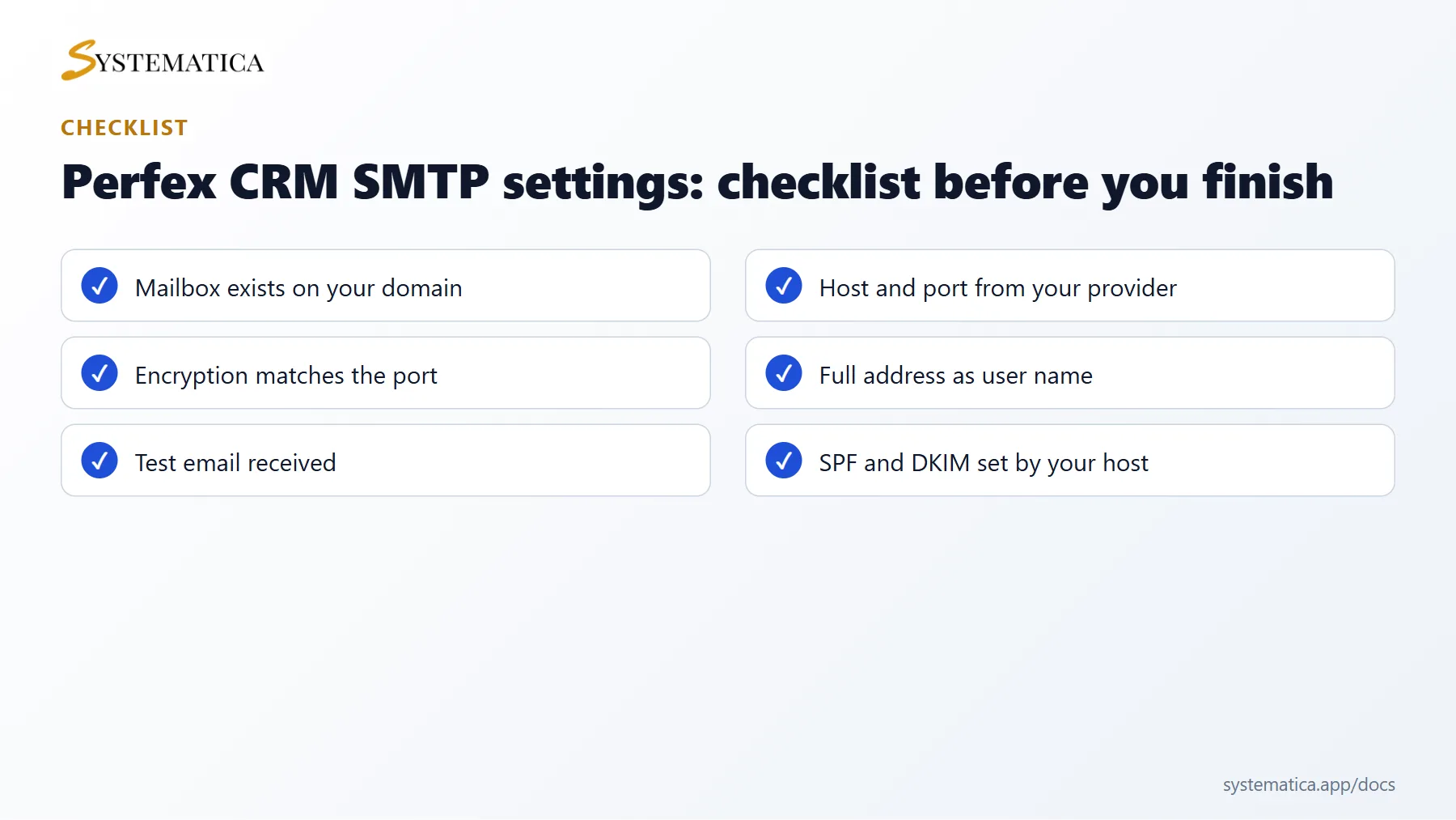 Perfex CRM SMTP settings checklist before you finish