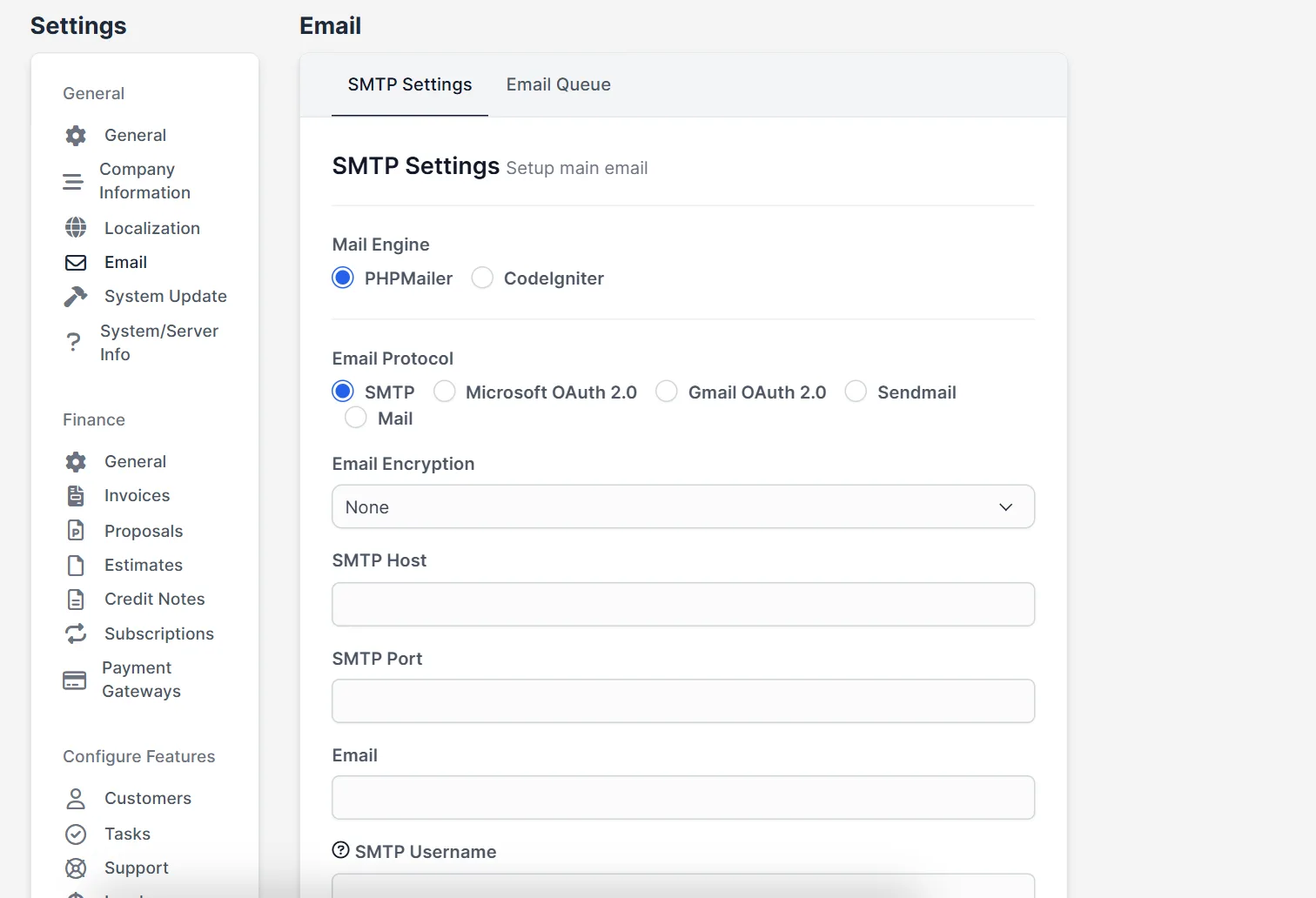 Perfex CRM SMTP settings screen with mail engine, protocol and encryption options