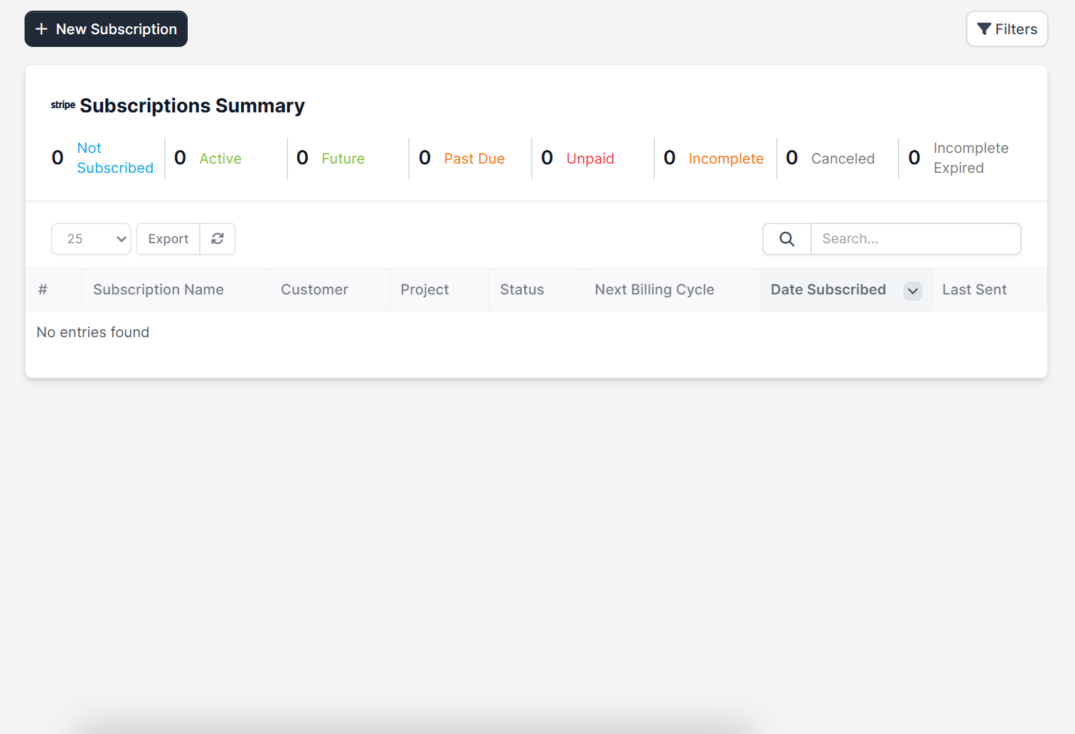 Perfex CRM subscriptions list with the summary of subscription statuses