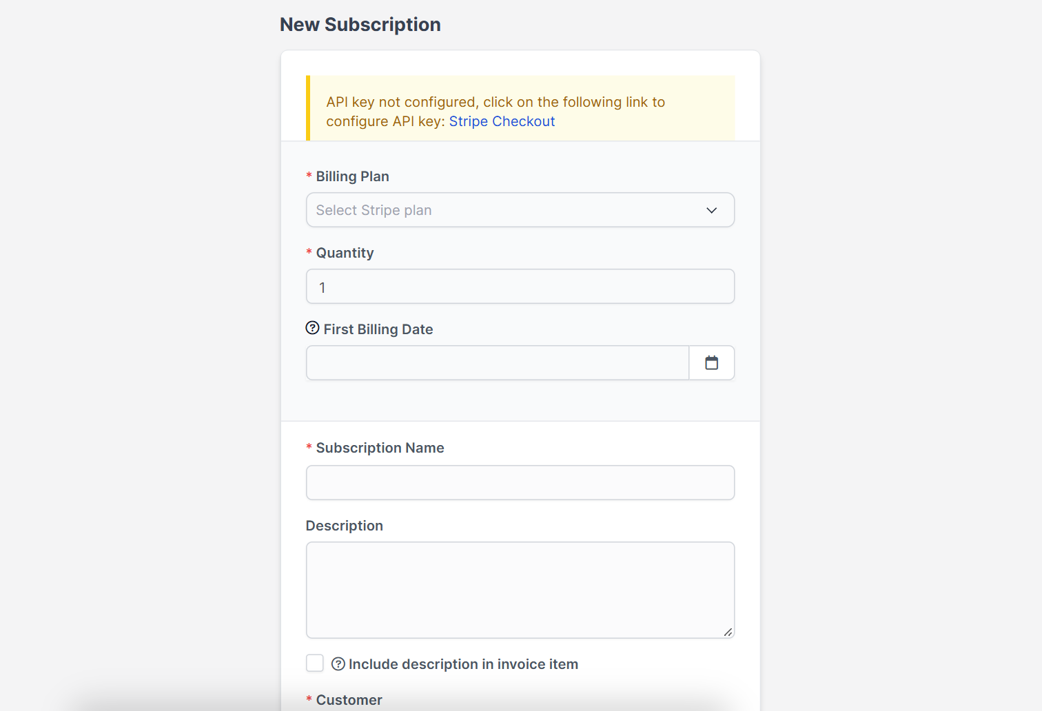 New subscription form in Perfex CRM subscriptions with billing plan, quantity and first billing date