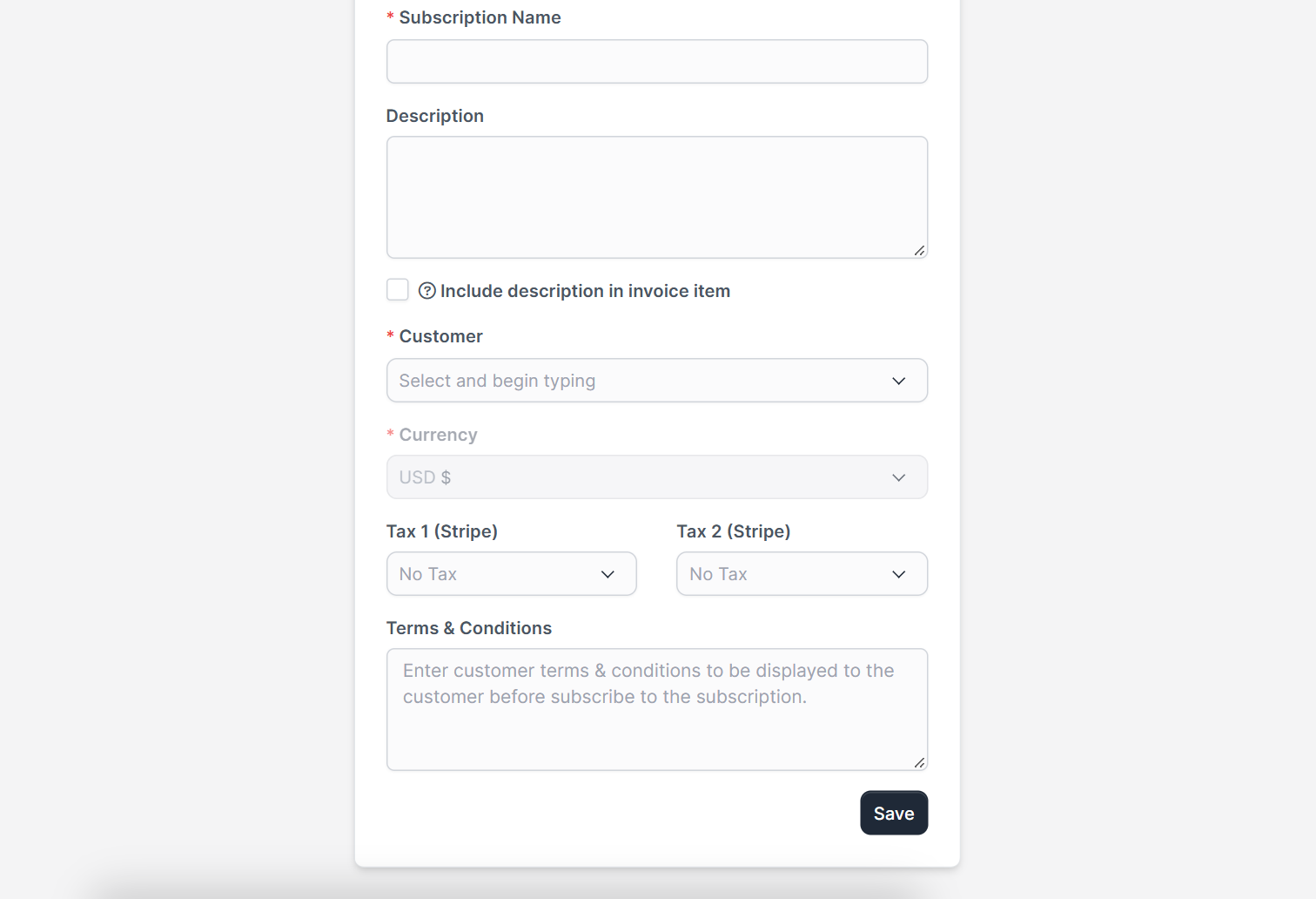 Customer, currency, tax and terms fields when you create a Stripe subscription in Perfex CRM