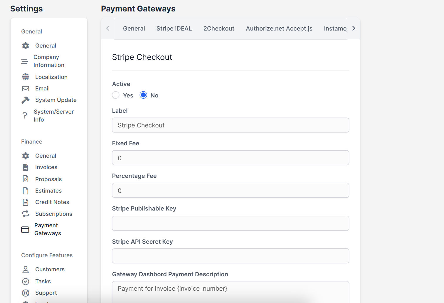 Stripe Checkout settings for Perfex CRM subscriptions with publishable key and secret key fields