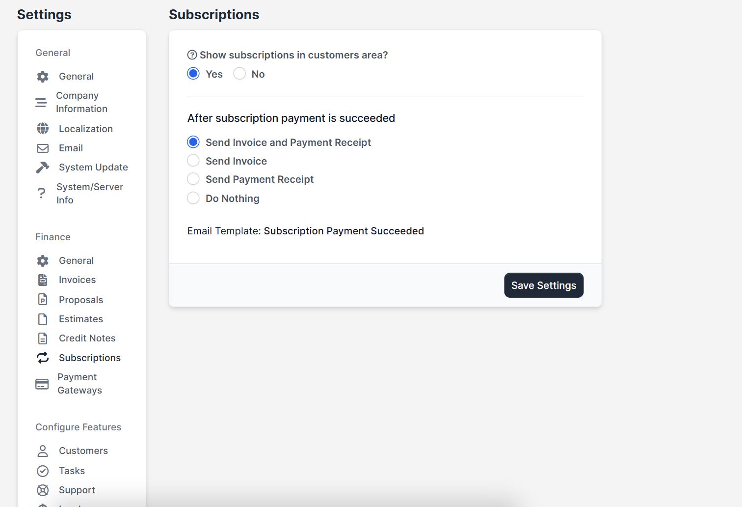 Subscriptions settings in Perfex CRM: show in customers area and what to send after payment