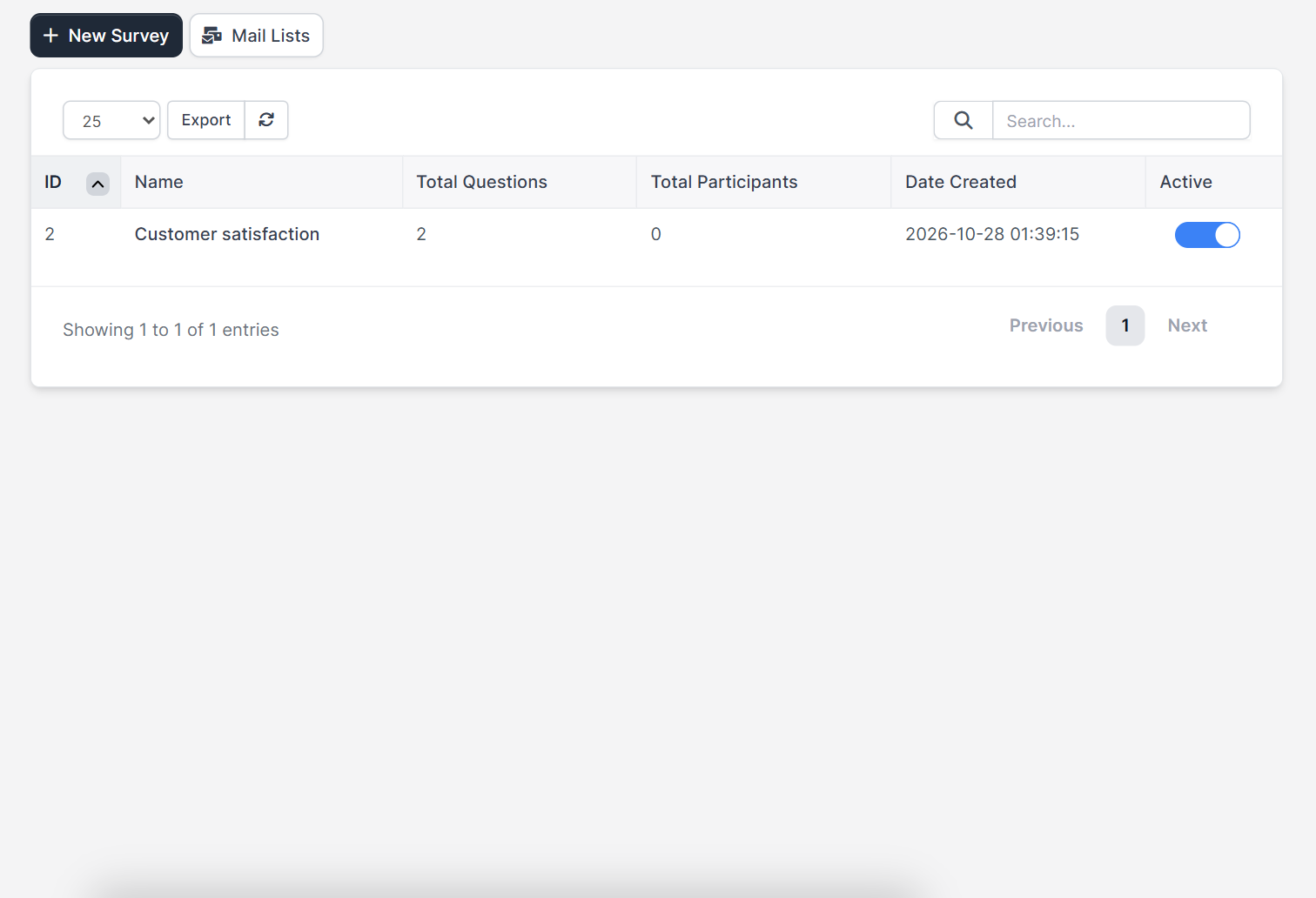 Perfex CRM surveys list with questions, participants and the active switch