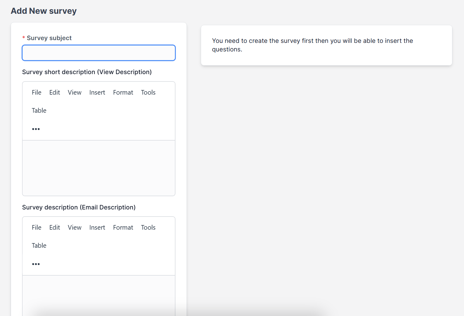 New survey form in Perfex CRM surveys with subject, descriptions and options