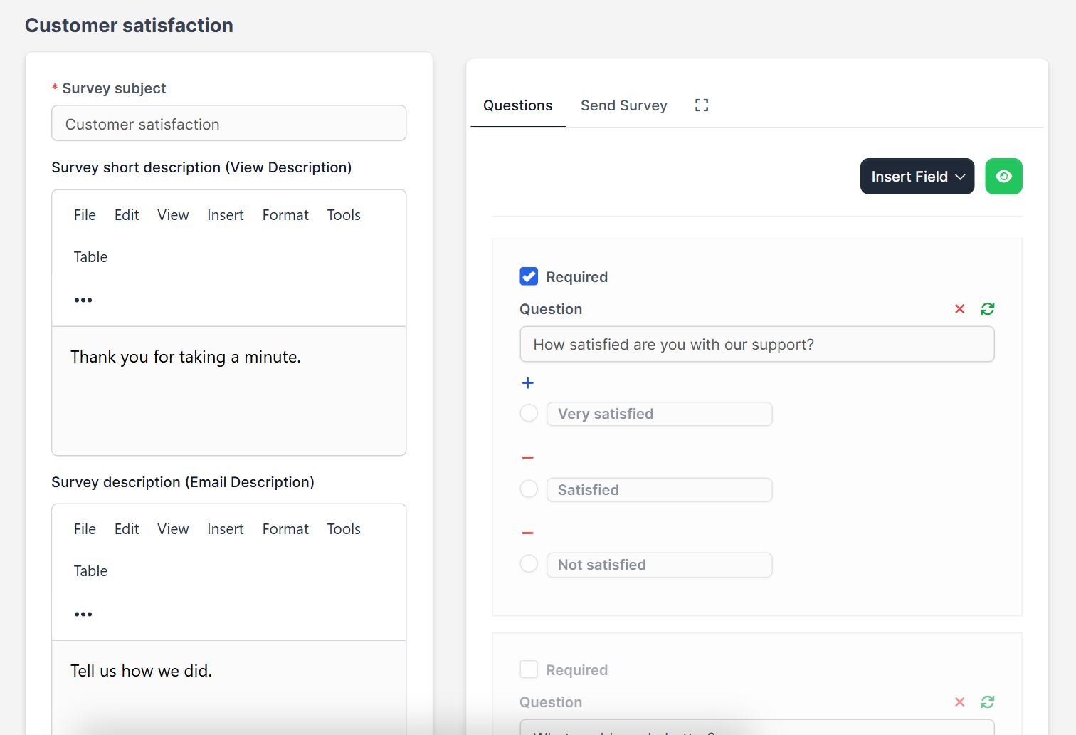 Questions tab of a customer survey in Perfex CRM with a required multiple choice question