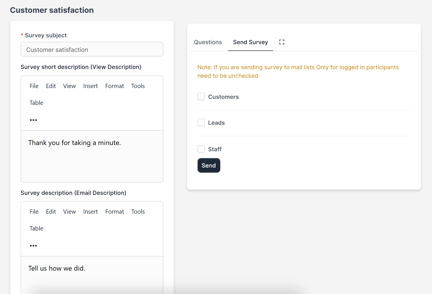 Send Survey tab in Perfex CRM surveys with customers, leads and staff options