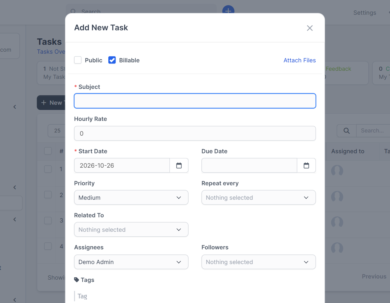 Add New Task form with Public and Billable options in Perfex CRM tasks