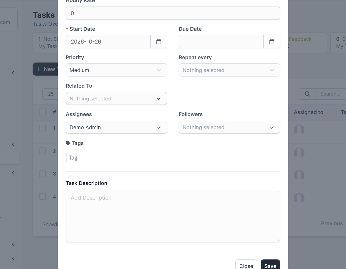 Priority, repeat, assignees and followers fields in Perfex CRM tasks