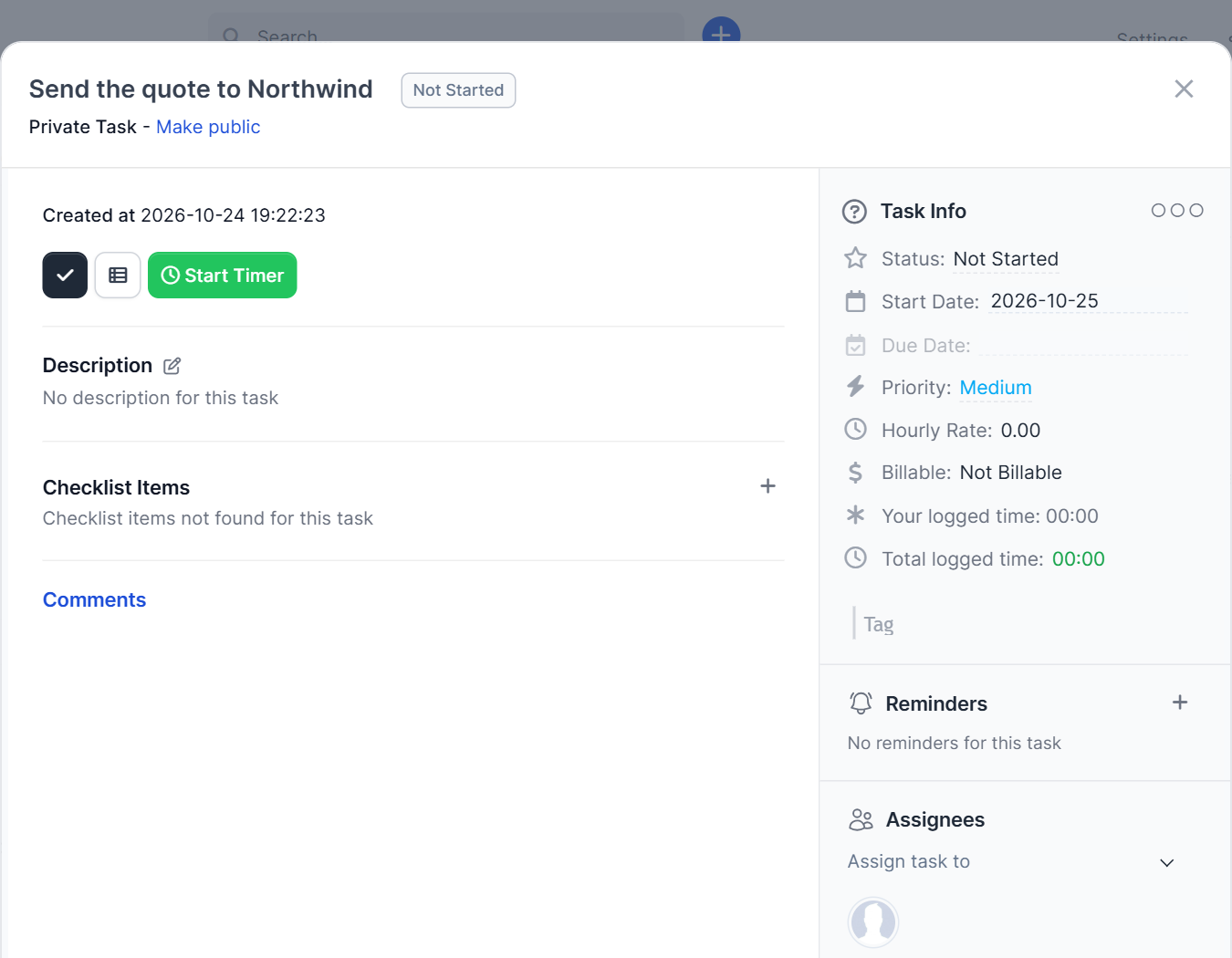 Task window with checklist, comments and task info in Perfex CRM tasks