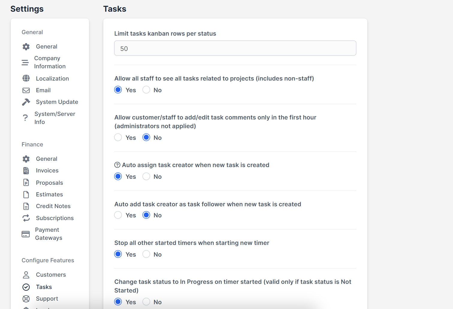 Tasks settings page for Perfex CRM tasks