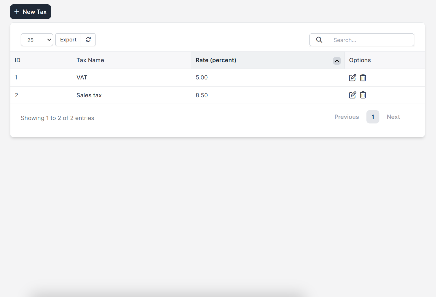 Perfex CRM tax rates list with a VAT rate and a sales tax rate