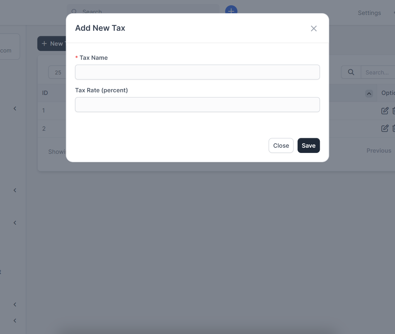 Add New Tax window for Perfex CRM tax rates with tax name and rate in percent