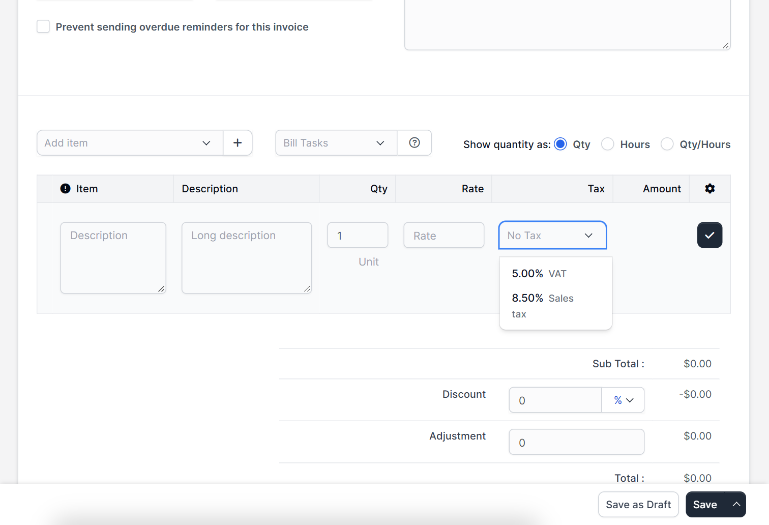 Tax drop-down on an invoice item row listing Perfex CRM tax rates