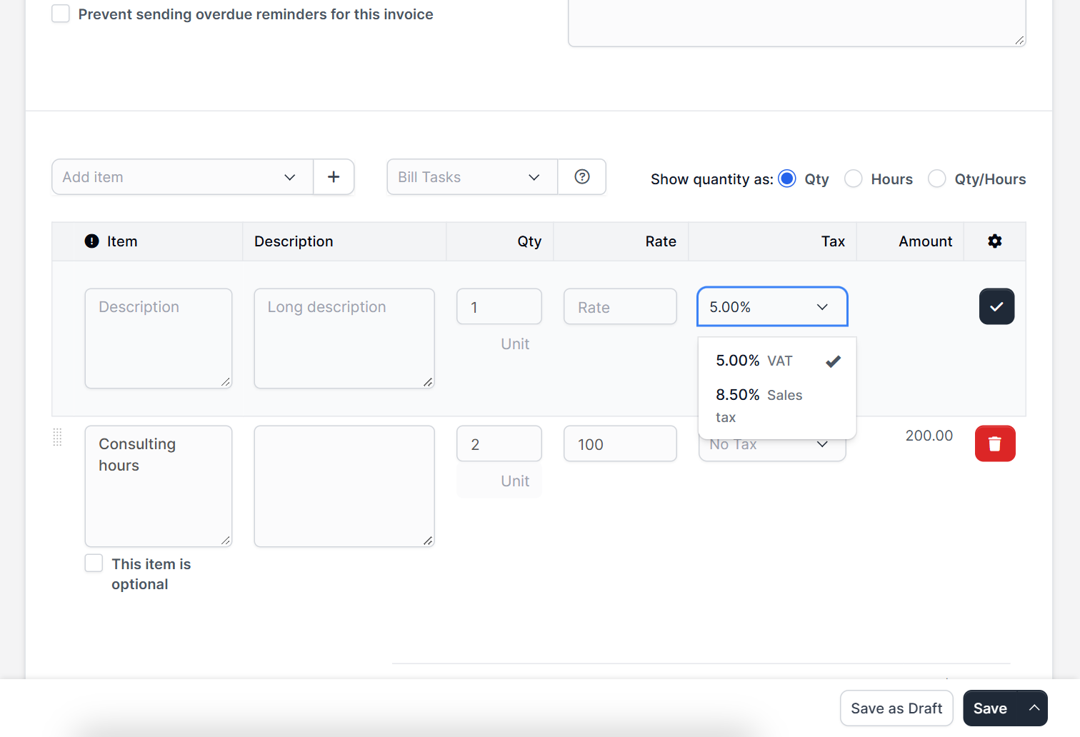 VAT rate selected on an invoice item in Perfex CRM tax rates