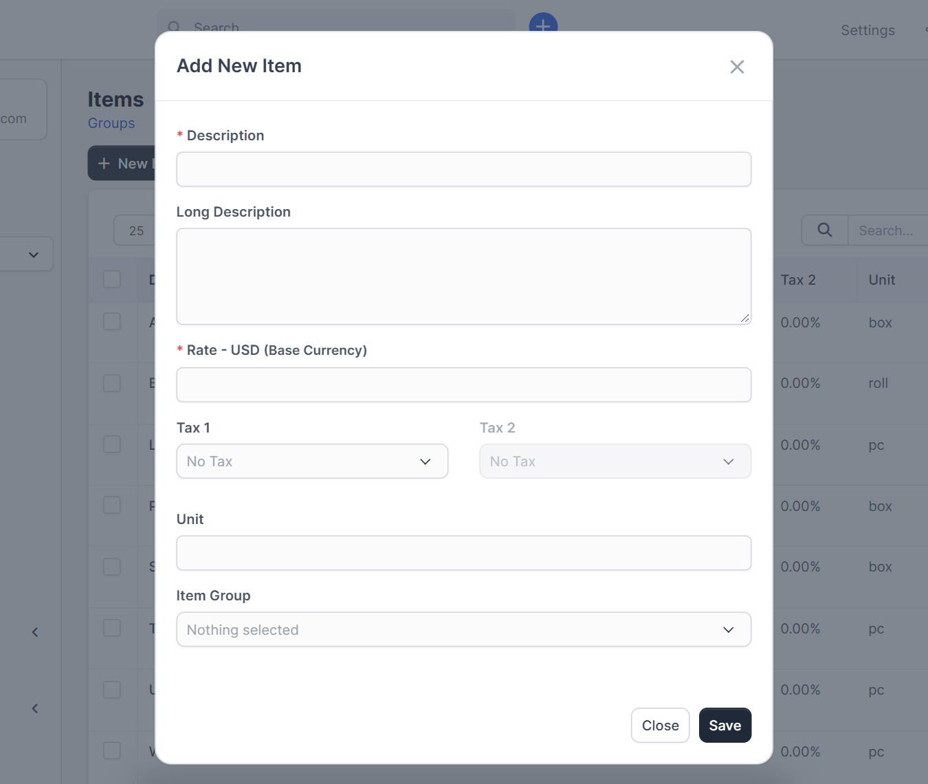 New item window with Tax 1 and Tax 2 fields for Perfex CRM tax rates