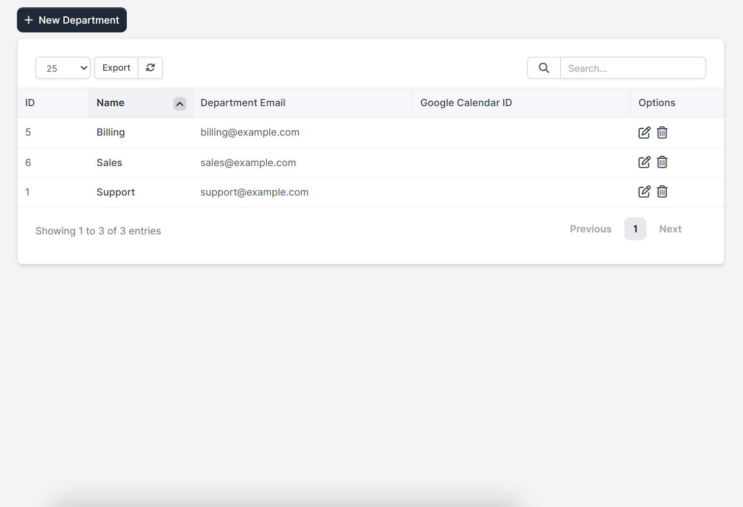 Perfex CRM ticket departments list with Billing, Sales and Support