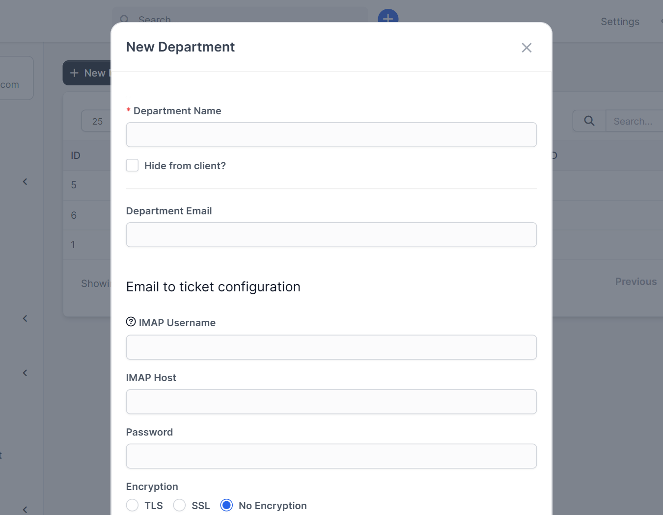 New Department form for Perfex CRM ticket departments