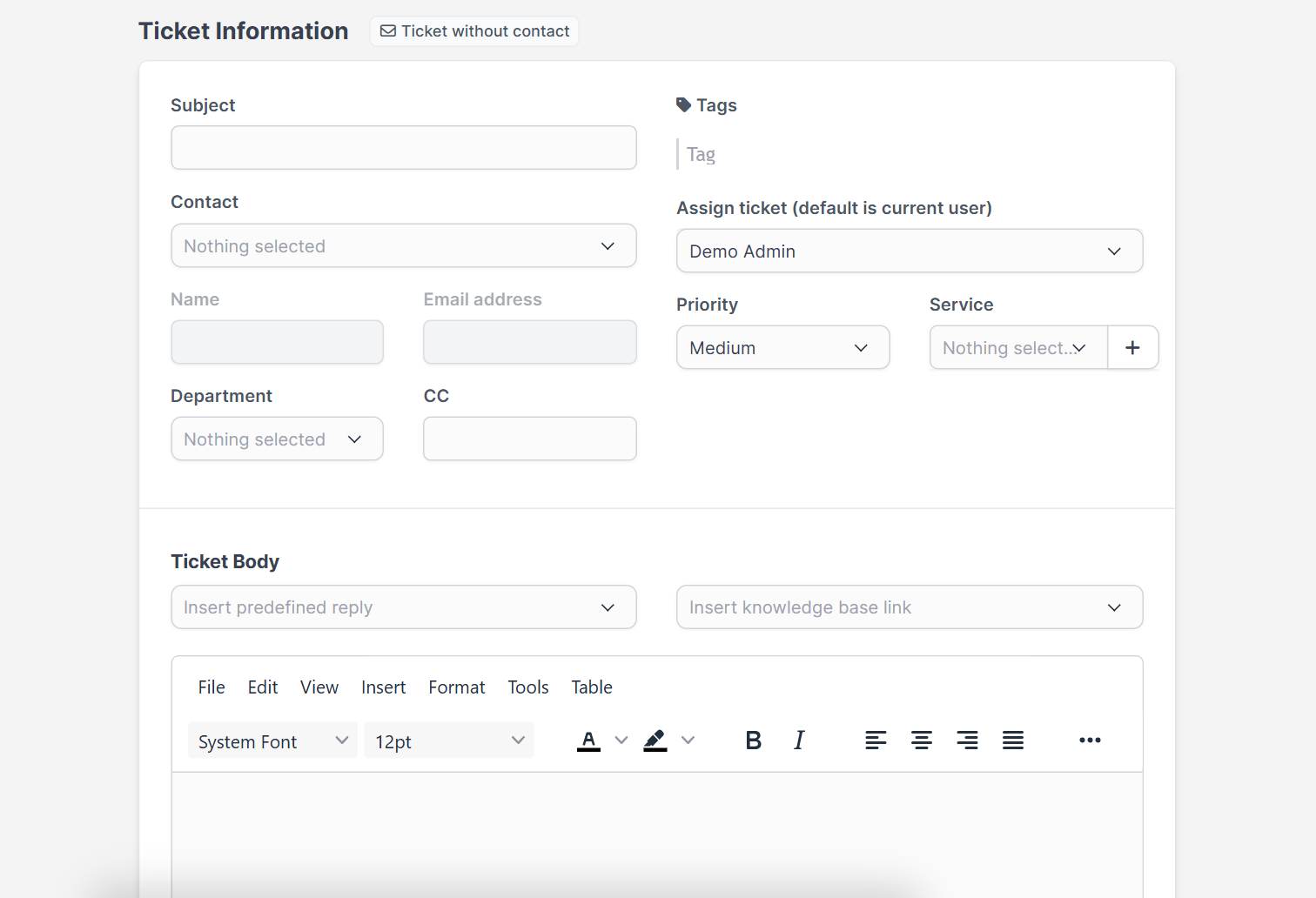 New ticket form with the department field in Perfex CRM