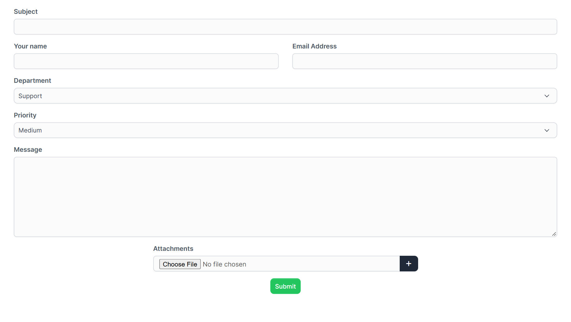 Public Perfex CRM ticket form with subject, name, email, department, priority and message