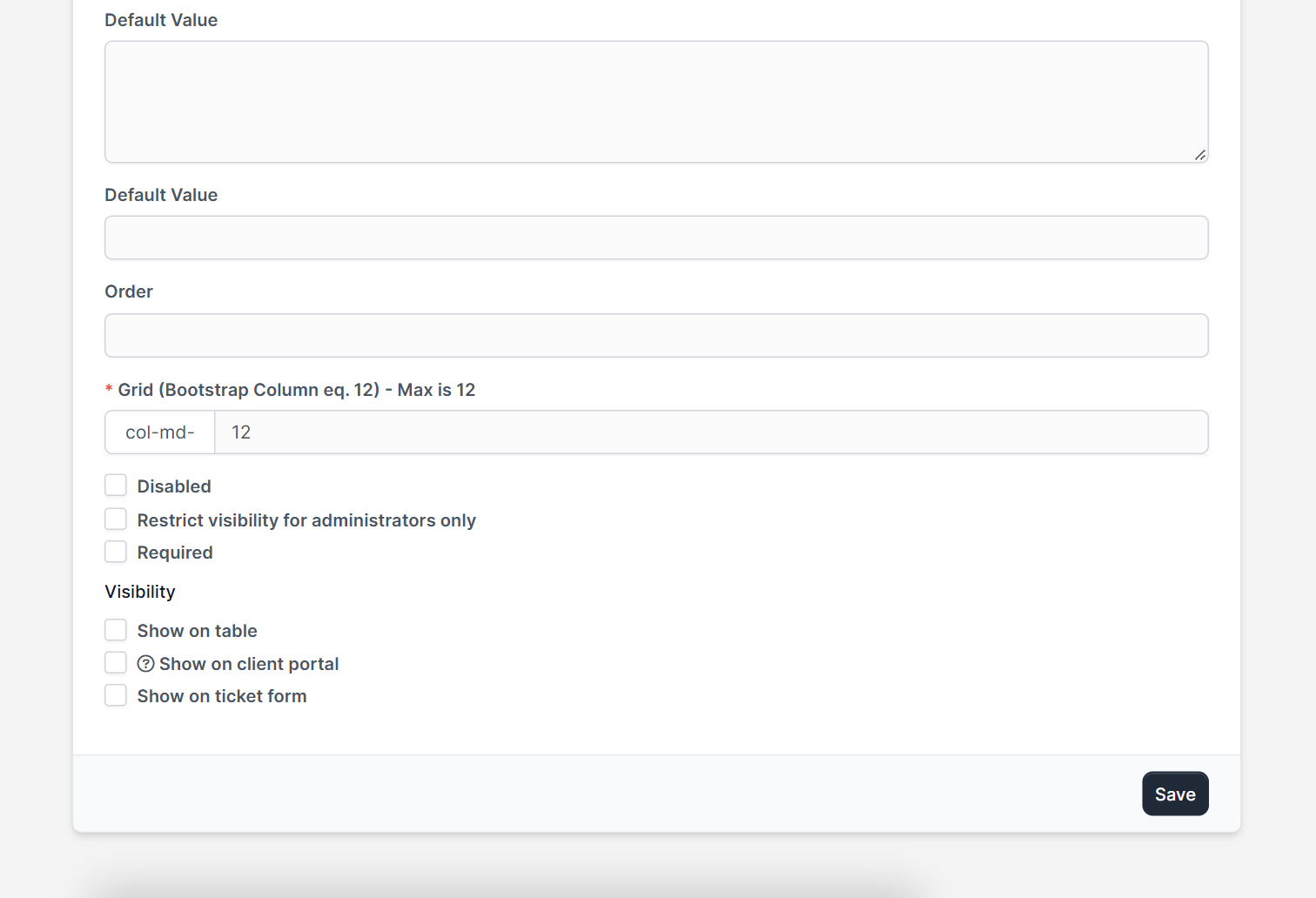 Custom field option Show on ticket form for the Perfex CRM ticket form